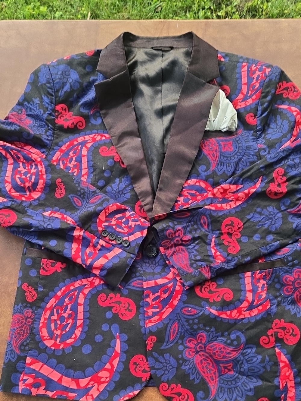 Black Paisley Blazer with Red & Blue Pattern - Formal Peak Lapel